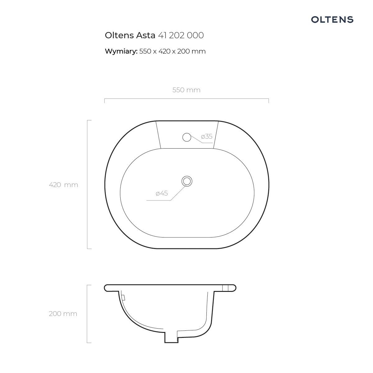 OLTENS ASTA UMYWALKA WPUSZCZANA W BLAT OWALNA Z POWŁOKĄ SMARTCLEAN 55X42 - obrazek 3