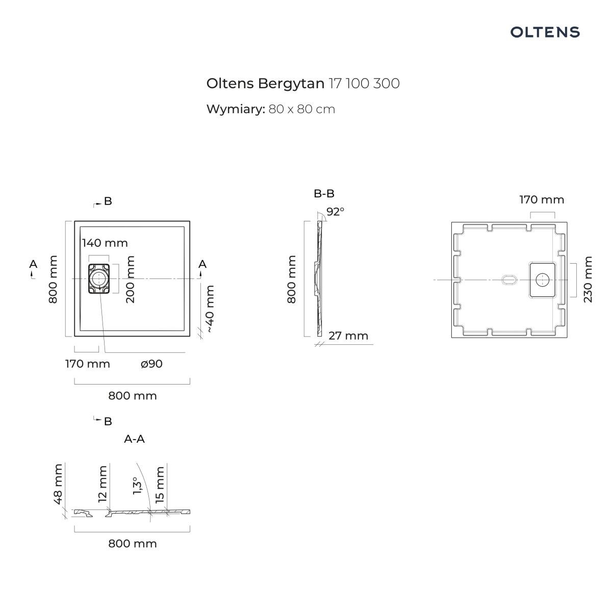 OLTENS BERGYTAN BRODZIK KWADRATOWY 80X80 CM ROCKSURFACE CZARNY MAT - obrazek 2