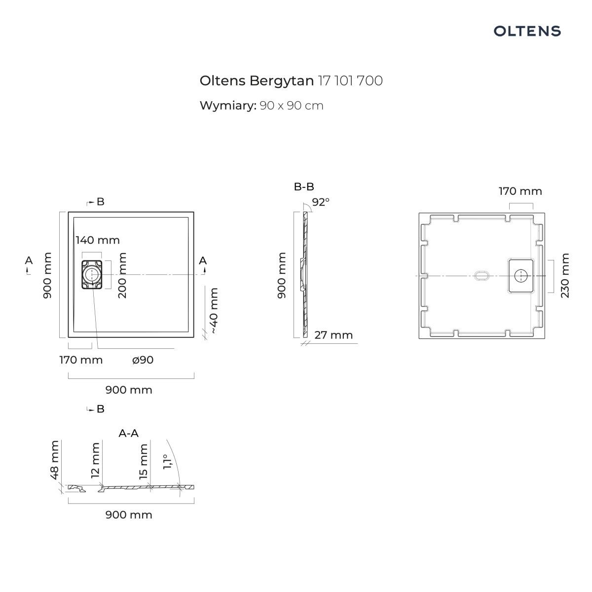 OLTENS BERGYTAN BRODZIK KWADRATOWY 90X90 CM ROCKSURFACE SZARY BETON - obrazek 2