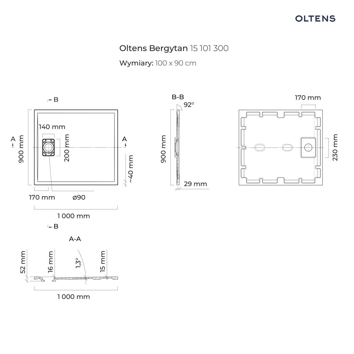 OLTENS BERGYTAN BRODZIK PROSTOKĄTNY 100X90 CM ROCKSURFACE CZARNY MAT - obrazek 2