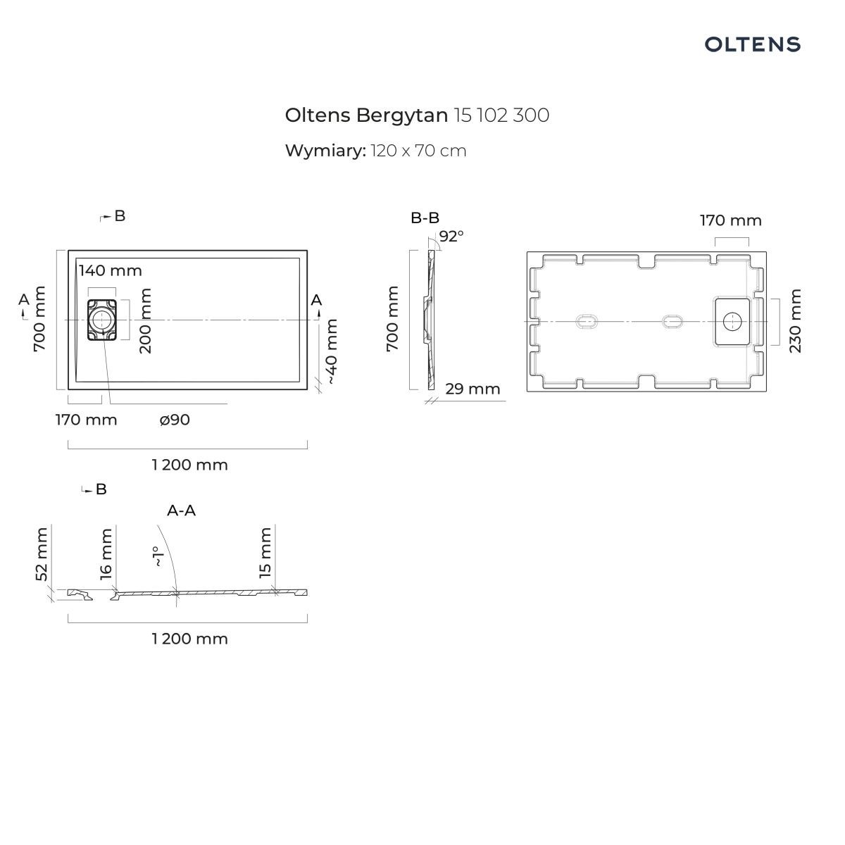 OLTENS BERGYTAN BRODZIK PROSTOKĄTNY 120X80 CM ROCKSURFACE CZARNY MAT - obrazek 2