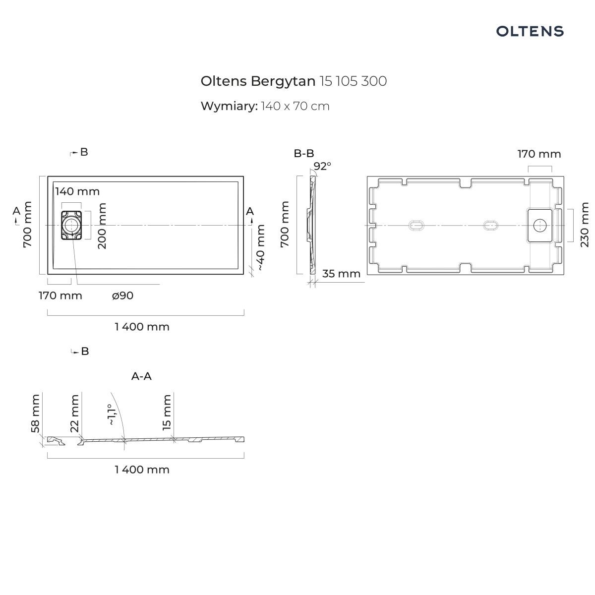 OLTENS BERGYTAN BRODZIK PROSTOKĄTNY 140x70 CM ROCKSURFACE CZARNY MAT - obrazek 2