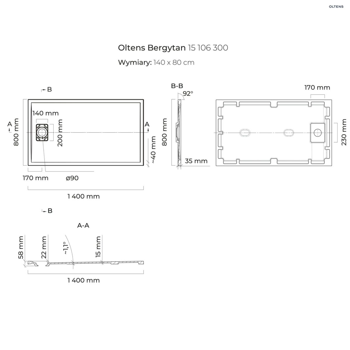 OLTENS BERGYTAN BRODZIK PROSTOKĄTNY 140x80 CM ROCKSURFACE CZARNY MAT - obrazek 2