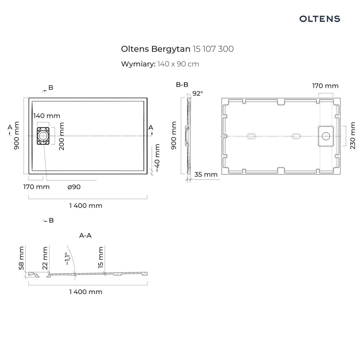 OLTENS BERGYTAN BRODZIK PROSTOKĄTNY 140x90 CM ROCKSURFACE CZARNY MAT - obrazek 2