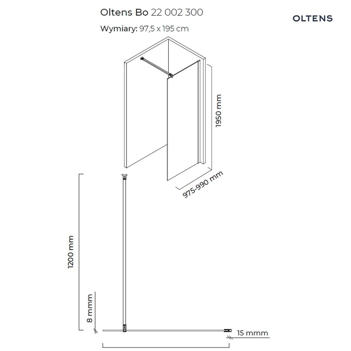 OLTENS BO ŚCIANKA PRYSZNICOWA WALK-IN 100CM PROFIL CZARNY MAT - obrazek 3
