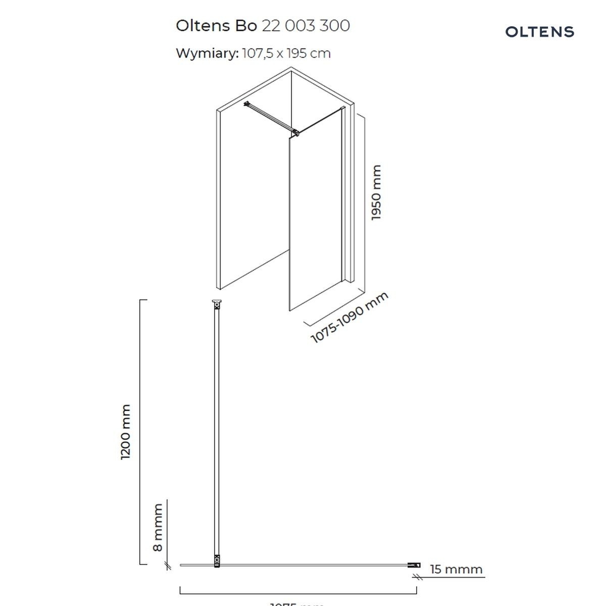 OLTENS BO ŚCIANKA PRYSZNICOWA WALK-IN 110CM PROFIL CZARNY MAT - obrazek 3