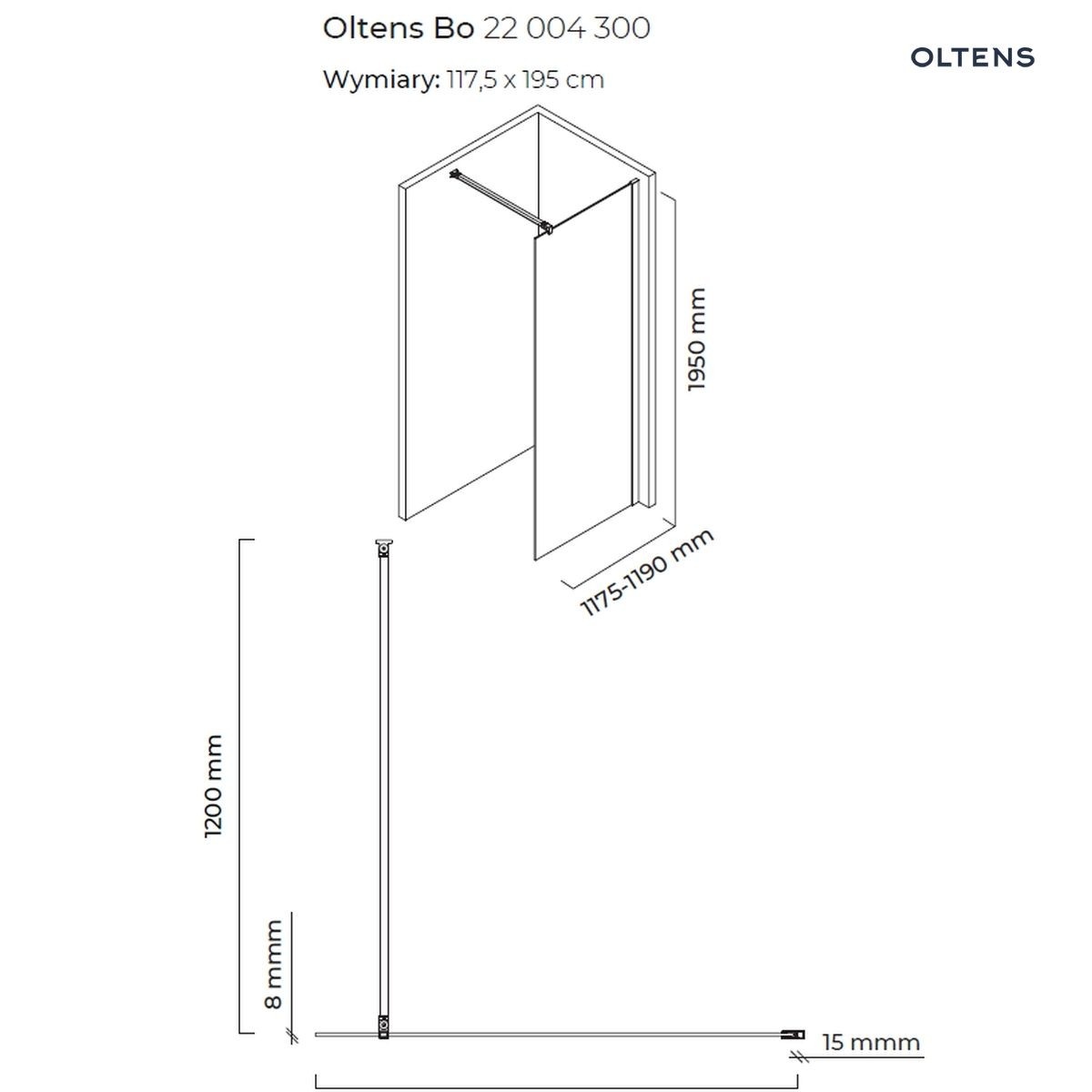 OLTENS BO ŚCIANKA PRYSZNICOWA WALK-IN 120CM PROFIL CZARNY MAT - obrazek 3
