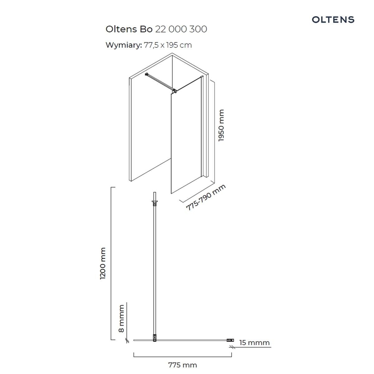 OLTENS BO ŚCIANKA PRYSZNICOWA WALK-IN 80CM PROFIL CZARNY MAT - obrazek 3