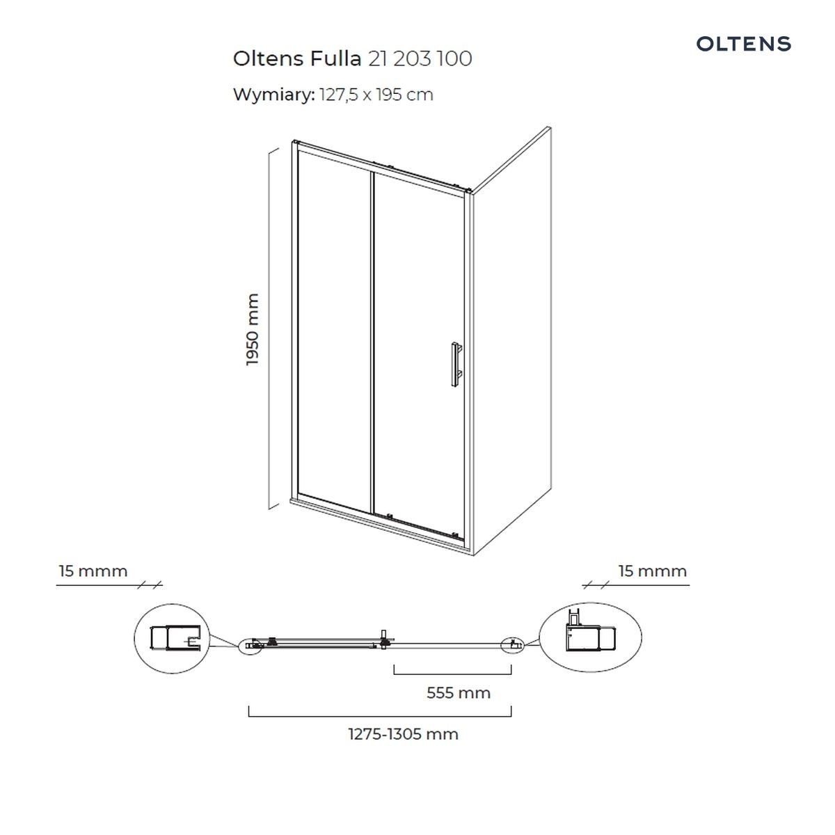 OLTENS FULLA DRZWI PRYSZNICOWE WNĘKOWE 130CM - obrazek 2