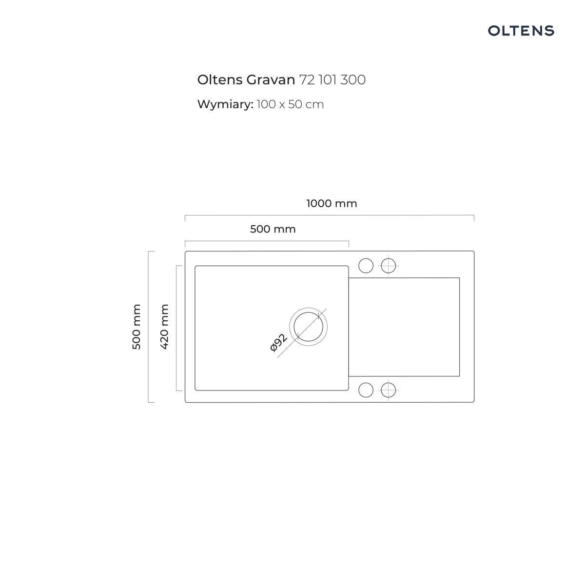 OLTENS GRAVAN ZLEWOZMYWAK GRANITOWY 1-KOMOROWY Z OCIEKACZEM 100x50 CM CZARNY MAT - obrazek 2