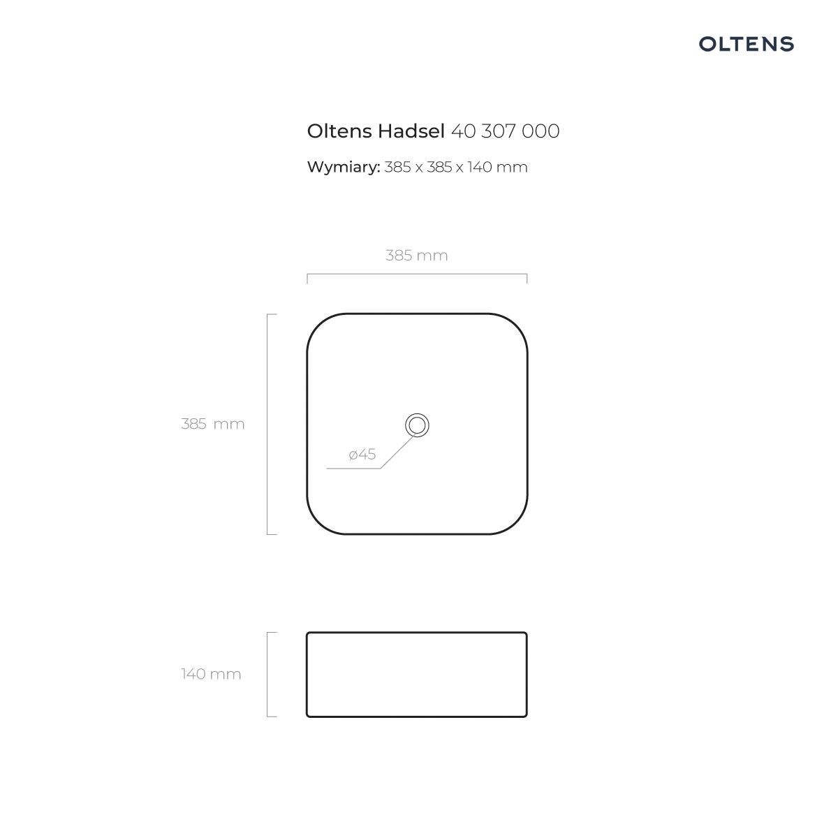 OLTENS HADSEL UMYWALKA NABLATOWA KWADRATOWA Z POWŁOKĄ SMARTCLEAN 38,5CM - obrazek 3