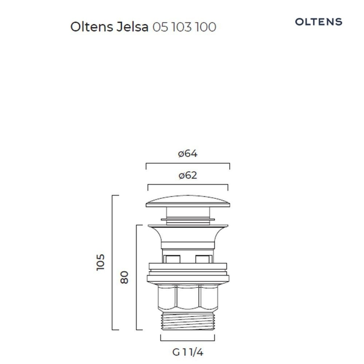 OLTENS JELSA KOREK DO UMYWALKI KLIK KLAK OKRĄGŁY Z PRZELEWEM G 11/4 CHROM - obrazek 2