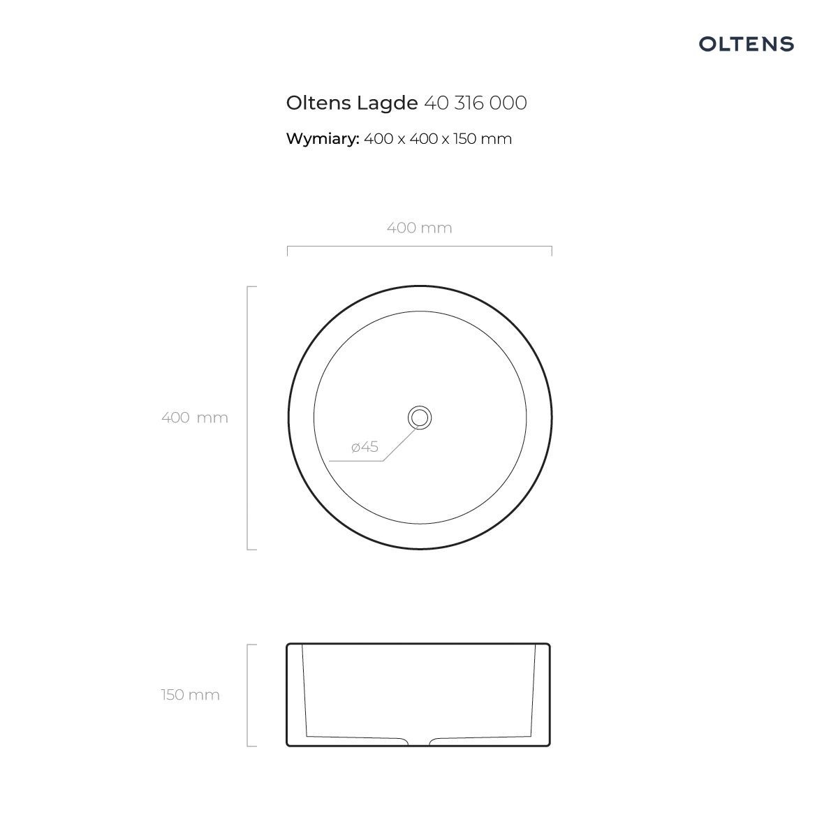 OLTENS LADGE UMYWALKA NABLATOWA OKRĄGŁA Z POWŁOKĄ SMARTCLEAN 40CM - obrazek 3