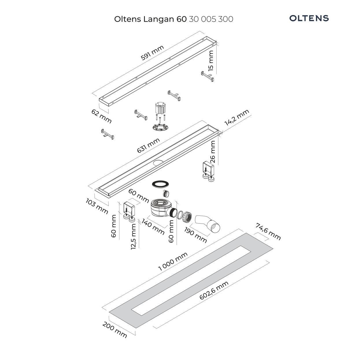 OLTENS LANGAN UNIWERSALNY ODPŁYW PRYSZNICOWY LINIOWY 60 CM Z KOŁNIERZEM CZARNY MAT - obrazek 2