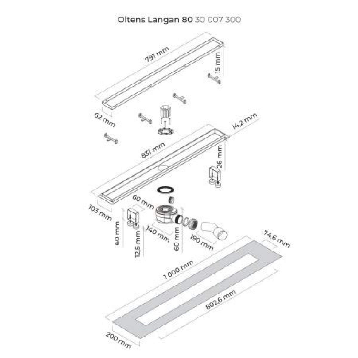 OLTENS LANGAN UNIWERSALNY ODPŁYW PRYSZNICOWY LINIOWY 80 CM Z KOŁNIERZEM CZARNY MAT - obrazek 2