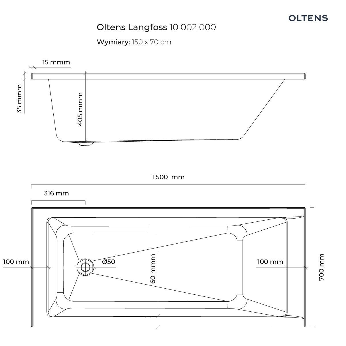 OLTENS LANGFOSS WANNA PROSTOKĄTNA AKRYLOWA 70X150CM - obrazek 4