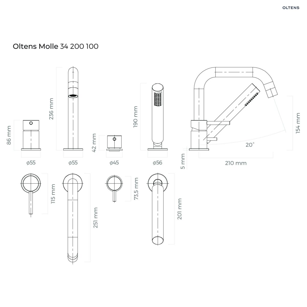 Oltens Molle bateria wannowo-prysznicowa kompletna 4-otworowa czarny mat 34200300 - obrazek 2