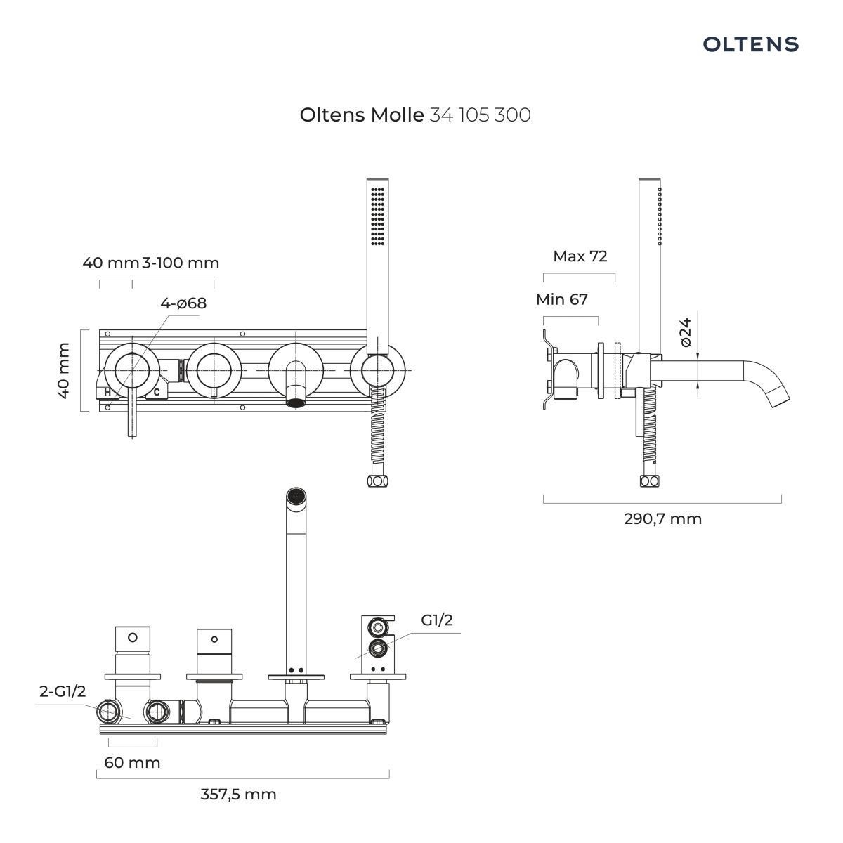 OLTENS MOLLE BATERIA WANNOWO-PRYSZNICOWA PODTYNKOWA 4-OTWOROWA CZARNY MAT - obrazek 2