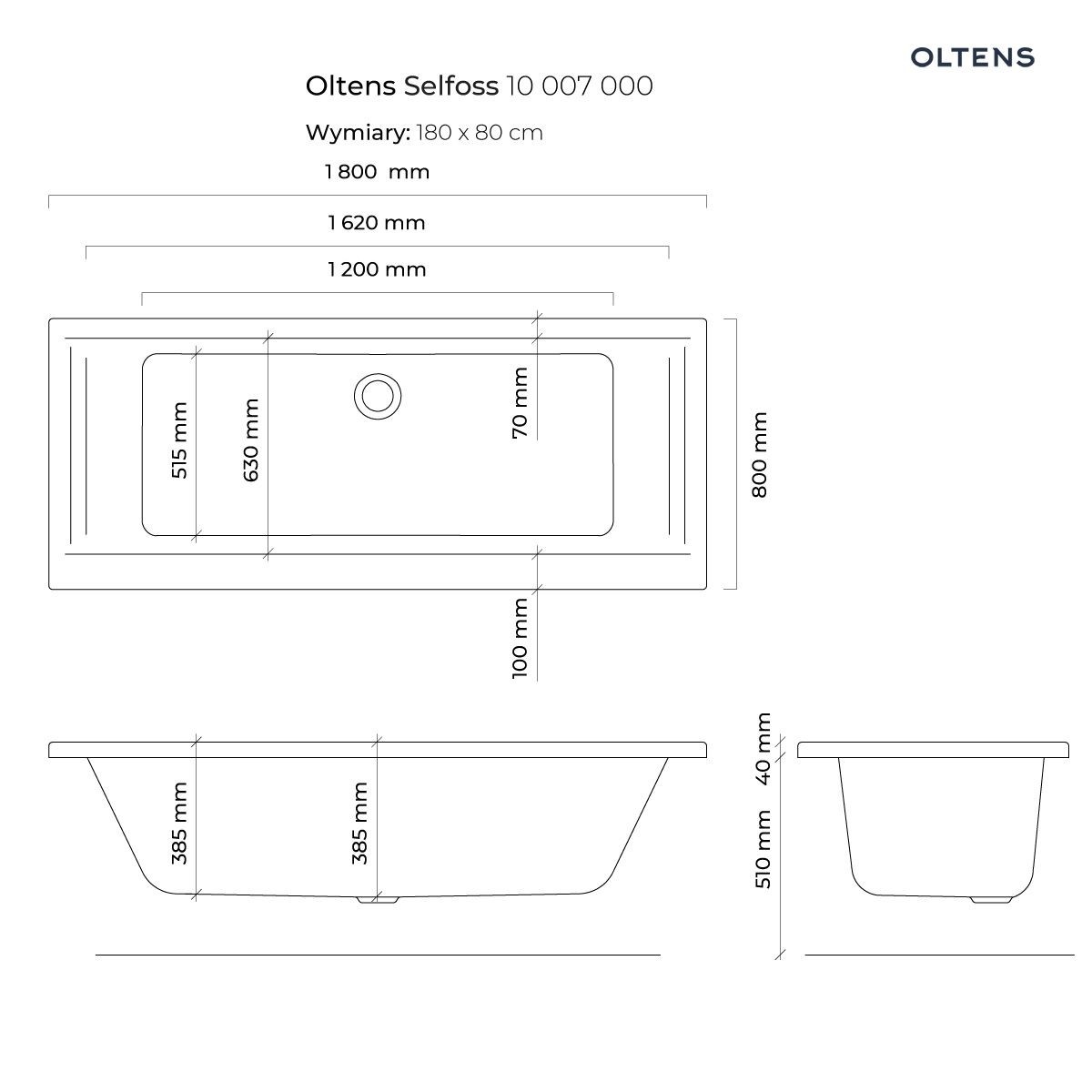 OLTENS SELFOSS WANNA PROSTOKĄTNA AKRYLOWA 80X180CM - obrazek 4