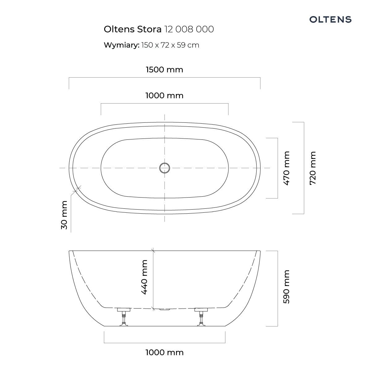 OLTENS STORA WANNA WOLNOSTOJĄCA OWALNA AKRYLOWA 72X150CM - obrazek 5