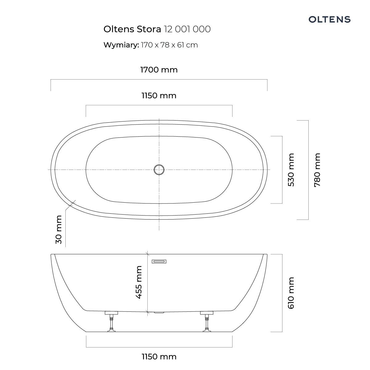 OLTENS STORA WANNA WOLNOSTOJĄCA OWALNA AKRYLOWA 78x170CM - obrazek 5