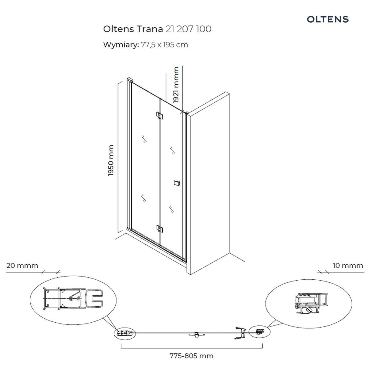 OLTENS TRANA DRZWI PRYSZNICOWE WNĘKOWE 80CM - obrazek 2