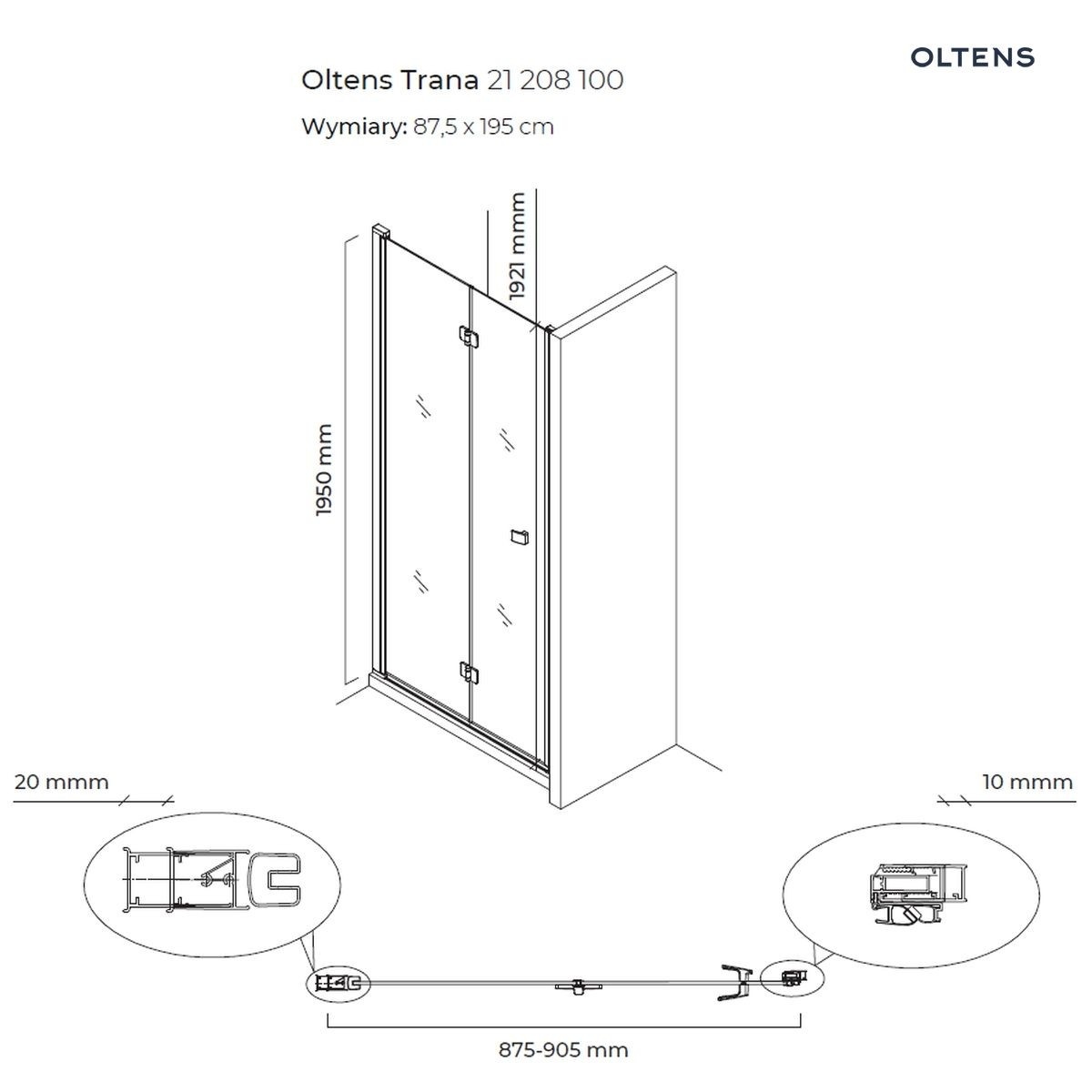 OLTENS TRANA DRZWI PRYSZNICOWE WNĘKOWE 90CM - obrazek 2