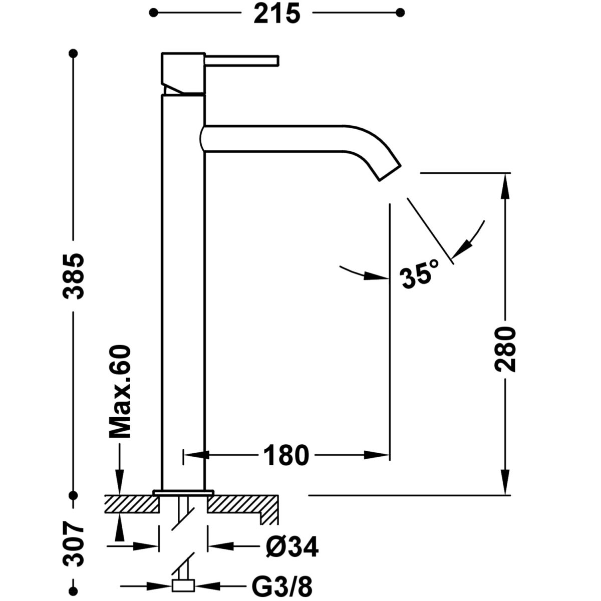 TRES STUDY WYSOKA BATERIA JEDNOUCHWYTOWA UMYWALKOWA GRAFIT XL-26230801GR - obrazek 2